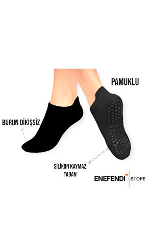 YOGA ÇORAP PİLATES TAVAF KAYMAZ TABAN PAMUKLU SİLİKON BASKILI DİKİŞSİZ KADIN ÇORABI SİYAH KISA