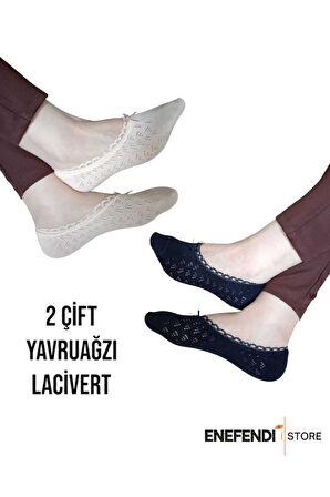 BABET ÇORAP 2 ÇİFT KADIN MERSERİZE DANTELLİ FİLE PAMUKLU GÖRÜNMEZ ÇORABI LACİVERT YAVRUAĞZI