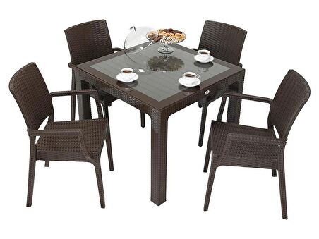 Mandella Elit Rattan 90x90 Elit Koltuk Camlı Masa Takımı KAHVERENGİ