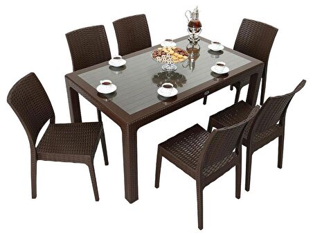 Mandella Elit Rattan 90x150 Elit Sandalye Camlı Masa Takımı KAHVERENGİ