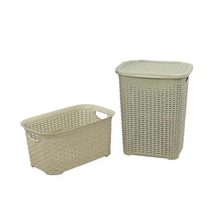 Sağlam Plastik Rattan Hasır Görünümlü Kirli Çamaşır Sepeti- Çamaşır sepeti 2'li Set Çölbeji