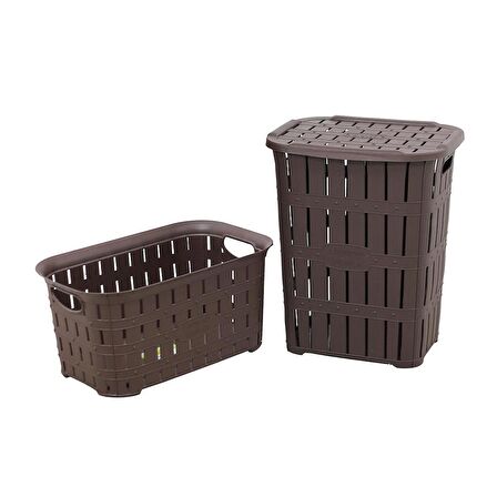 Sağlam Plastik Bambu Görünümlü Kirli Çamaşır Sepeti- Çamaşır sepeti 2'li Set Kahverengi
