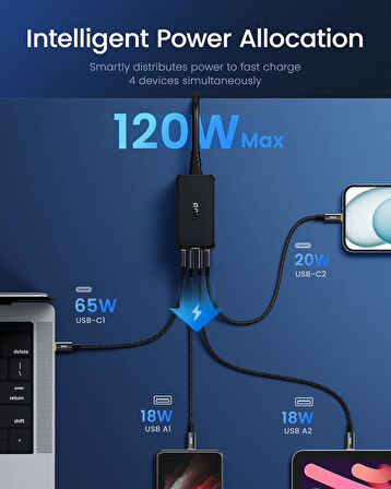 Aohi Magcube 4 Portlu Masaüstü Usb Şarj İstasyonu, Gan+ 120W Hızlı Şarj Cihazı