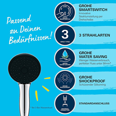 Grohe Vitalio Start 110 El Duşu, 3 Akışlı (Masaj, Yağmur & Jet), Smartswitch, 110Mm Yuvarlak Duş Baş