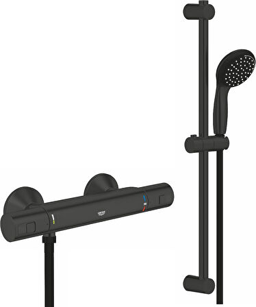 Grohe Start Mat Siyah Sürgülü Duş Seti + Termostatik Duş Bataryası