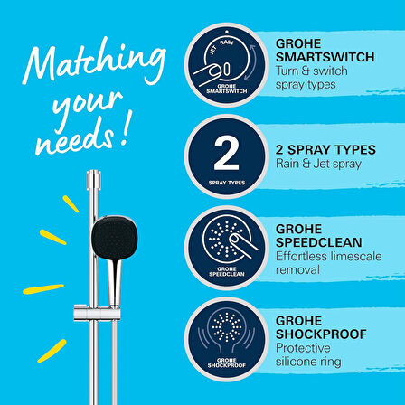 Grohe Vitalio Comfort 110 Sürgülü Duş Seti, 110Mm Kare 2 Akışlı El Duşu, 600Mm Sürgülü Ray, 1750Mm D