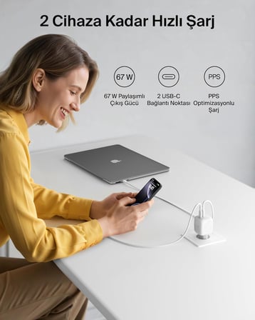 Belkin Smartprotect 2 Portlu Usb-C Şarj Cihazı 67 W, 2 Usb-C Portuna Sahip Çift Portlu Gan Şarj Ciha