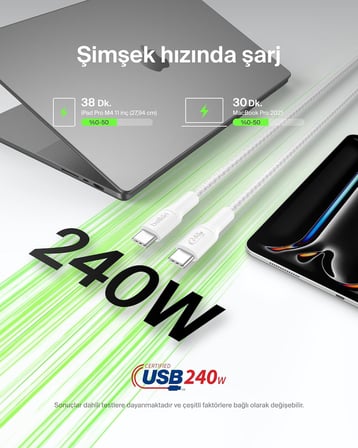 Belkin Eco Örgülü Usb-C - Usb-C Kablosu, 2 M, 240 W, Yumuşak, Esnek Hızlı Şarj Kablosu, Iphone 16, G