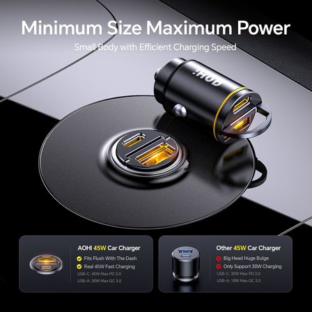 Aohi Superauto Araç İçi Şarjı, 2 Portlu Pd 45W Type-C Ve Usb-A Girişli, Usb 30W Hızlı Şarj Çakmaklık