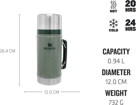 Stanley Classic Legendary Vakumlu Çelik Yemek Termosu, Yeşil (Hammertone Green), 0.94 Litre