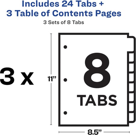 Avery Hazır Index Parçalı, 8-Tab Set, 3 Set (İçindekiler 11071)