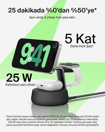 Belkin Ultracharge Pro Magsafe Uyumlu 3’Ü 1 Arada Qi2 25W Kablosuz Şarj Cihazı, Iphone 17, Apple Wat