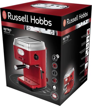 Russell Hobbs 28250-56 Espresso Kahve Makinesi, Retro Kırmızı Süzgeç, 15 Bar, 2 Fincan Başlığı, 1.1 