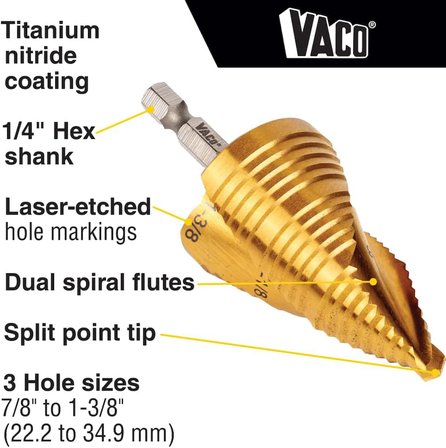 Klein Tools 25951 Elektrikçi Kademeli Matkap Ucu Seti, Spiral Çift Oluklu, Titanyum Nitrür Kaplama, 