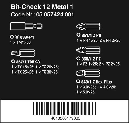Wera 05057424001 Ürün Çeşitleri, Bit-Check Metal 1, 12 Parça, Adet