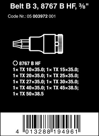 Wera 05003972001 Belt B 3 Hf Zyklop Bit Somun Seti, Tutma Fonksiyonlu, 3/8 Inç Tahrik, 9 Parça
