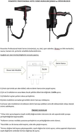 Powertec Tr-301 Askı Aparatlı | Otel Tipi | Profesyonel Saç Kurutma & Fön Makinesi
