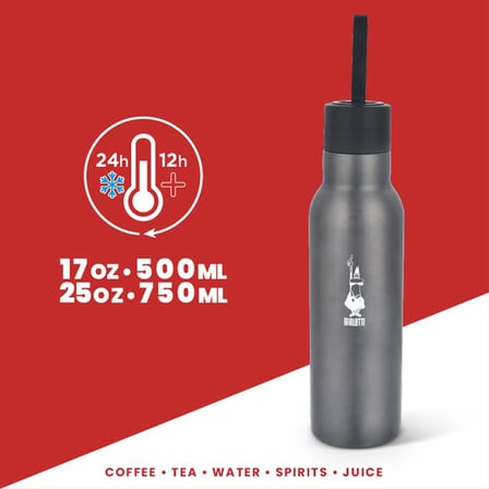 Bialetti - Termal Şişe - 750Ml - Koyu Gri Renk - Paslanmaz Çelik - Çift Katmanlı - 12 Saat Sıcak 24 