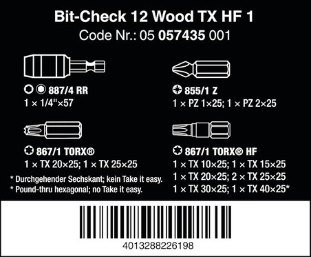 Wera - 05057435001 - Bit Çeşitleri, Bit-Check 12 Wood Tx Hf 1, 12 Parça