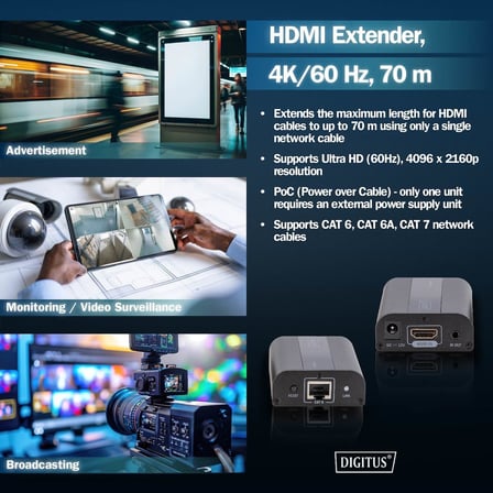 Digitus Hdmi Extender - Ultra Hd, 4K, 60Hz - Set (Verici/Alıcı) - 60 M'Ye Kadar Menzil - Patch Kablo
