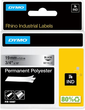 Dymo Rhinopro, Sabit Polyster Şerit (19 Mm X 5.5 Mt), Metalik Gri/Siyah - 18487