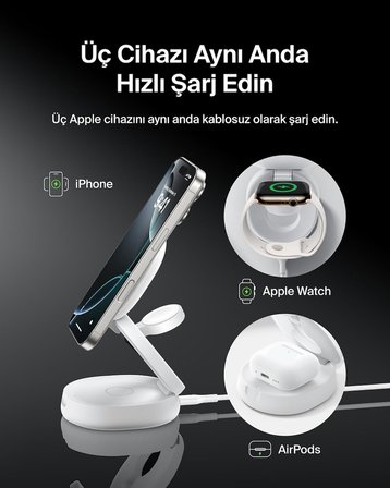 Belkin Magsafe Uyumlu Şarj Cihazı, 3'Ü 1 Arada Dönüştürülebilir Kablosuz Şarj İstasyonu, Iphone 17, 