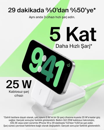 Belkin Ultracharge Magsafe Uyumlu 3’Ü 1 Arada Qi2 25W Kablosuz Şarj Cihazı, Iphone 17, Apple Watch, 