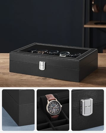 Songmics 12 Saat İçin Yeni Watch Box Watch Case Siyah Cam Jwb12B