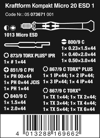 Wera Tornavida Seti Kraftform Kompakt Mikro Set Esd20 Sb, 20 Parça, Uç Seti, Tornavida, Epa, 0507367