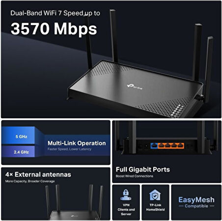 Tp-Link Archer Be220, Be3600 Mbps, Fiber Destekli, 4× Gbps Port, Vpn Destekli, Homesheild, Easy Mesh