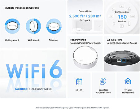 Tp-Link Deco X50-Poe 1-Pack, Ax3000 Mbps, Poe Destekli, Dual-Band, 2,5Gbps Ethernet Portu, 150 Cihaz