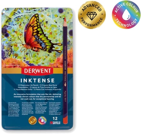 Derwent Inktense Serisi Mürekkep Bazlı Suluboya Kalem Seti - 12 Renk Metal Kutulu