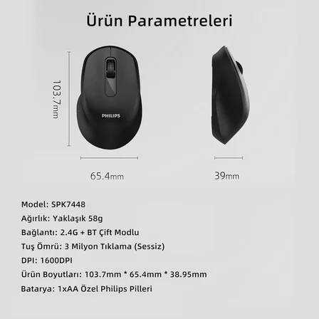 Philips Spk7448 Bluetooth 5.2 Ve 2.4Ghz 1600Dpi Sessiz Optik Kablosuz Mouse Siyah