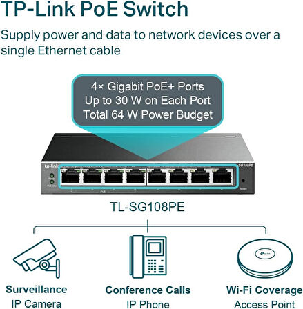 Tp-Link Tl-Sg108Pe, 8 Port Gigabit / 4 Port Poe Smart Switch