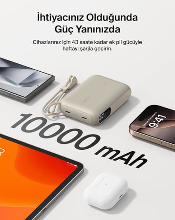 Belkin Taşınabilir Şarj Cihazı, 10K Mah Usb-C İnce Güç Kaynağı, 2 Usb-C Port, Dijital Pil Göstergesi