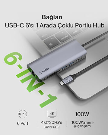 Belkin Usb-C Hub, 6'Sı 1 Arada Çoklu Bağlantı Noktalı Adaptör Yuvası, 4K Hdmi, Usb-C Ve 100 W, Şarj