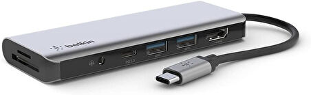 Belkin 7'Si 1 Arada Çok Bağlantı Noktalı Usb C Hub (4K Hdmi, Usb-C, 2 X Usb A, 3,5 Mm Ses, Sd 3.0 Yu