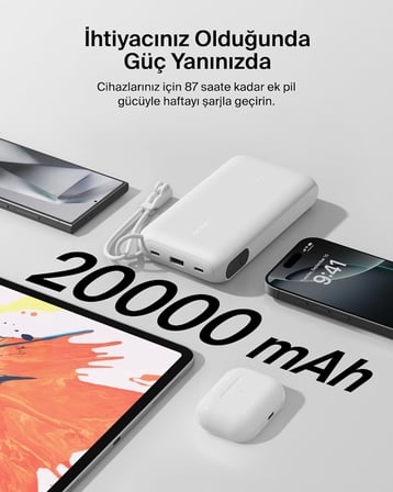 Belkin Taşınabilir Şarj Cihazı, 20.000 Mah Usb-C Powerbank, 2 Usb-C Ve 1 Usb-A Port, Dijital Pil Gös