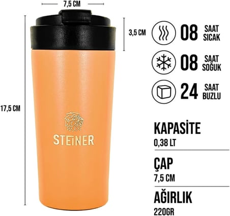 Steiner Paslanmaz Çelik Termos 380 Ml Mat Somon Sıcak Ve Soğuk Tutma Özellikli Termos