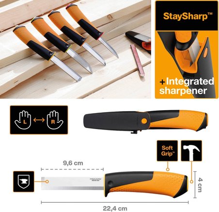 Fiskars Marangoz Bıçağı, Kılıf Dahil, Entegre Bıçak Bileyicili, Toplam Uzunluk: 22,4 Cm, Siyah/Turun
