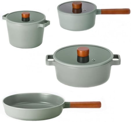 Neoflam Fika Gri Döküm Alüminyum 7 Parça Tencere Seti, 22-24 Cm Tencere, 18 Cm Sütlük, 24 Cm Tava