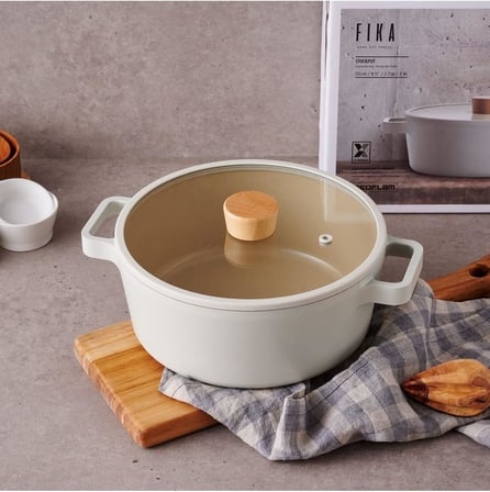 Neoflam Fika Cam Kapaklı Alüminyum Döküm Tencere Ve Tava Seti, 7 Parça, Bej