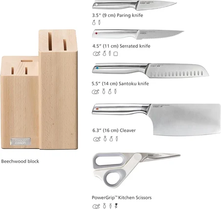 Joseph Joseph Elevate Fusion 5-Piece Knife, Cleaver And Scissor Set With Beechwood Block