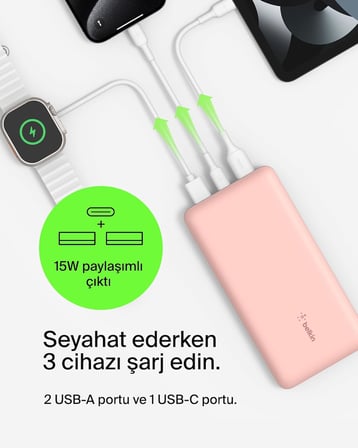 Belkin Usb C Taşınabilir Şarj Cihazı 20000 Mah, Usb Tip C Giriş Çıkış Bağlantı Noktalı 20K Güç Banka
