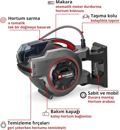 Einhell Akülü Hortum Makarası Ge-Hr 18/30-1 Wh Li-Solo (18 V, Otomatik Hortum Sarma, 180° Dönebilir,