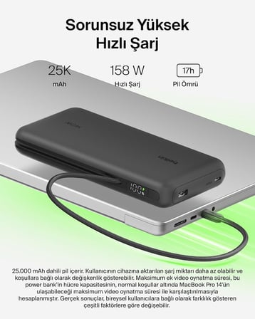 Belkin Ultracharge Pro 25000 Mah Dizüstü Power Bank Hızlı Şarj, Siyah | 25K Kapasite, 1 X Usb-C Bağl