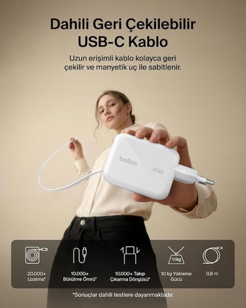 Belkin Ultracharge Usb-C Fiş Tipi Şarj Cihazı 45 W, 0,8 M Geri Çekilebilir Usb-C Kablo Ve Usb-C Port