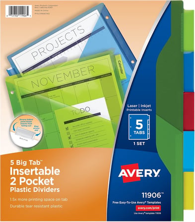 Avery Big Tab 11906 Plastik Ayırma Sayfası, 2 Bölmeli, 5 Çok Renkli Ayırıcı, 24 Set