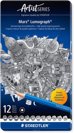 Staedtler 100 G12 Mars Lumograph Kurşun Kalem 12'Li Metal Kutuda 8B, 7B, 6B, 5B, 4B, 3B, 2B, B, Hb, 