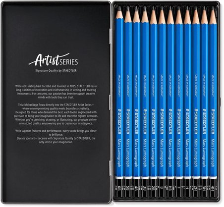 Staedtler 100 G12 Mars Lumograph Kurşun Kalem 12'Li Metal Kutuda 8B, 7B, 6B, 5B, 4B, 3B, 2B, B, Hb, 